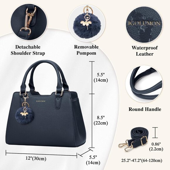 Women Dark Blue PU leather Top-Handle Waterproof Anti Theft Leather Handbag - Picture 5 of 7